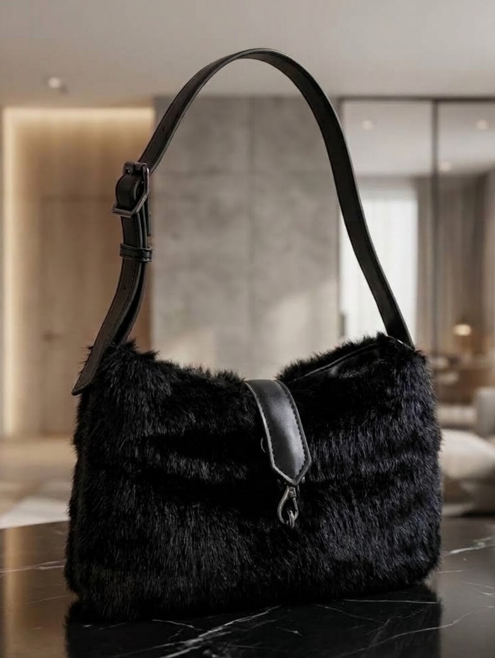 Urban Expressions Women's Plush Black Faux-Fur Sury Clutch Purse